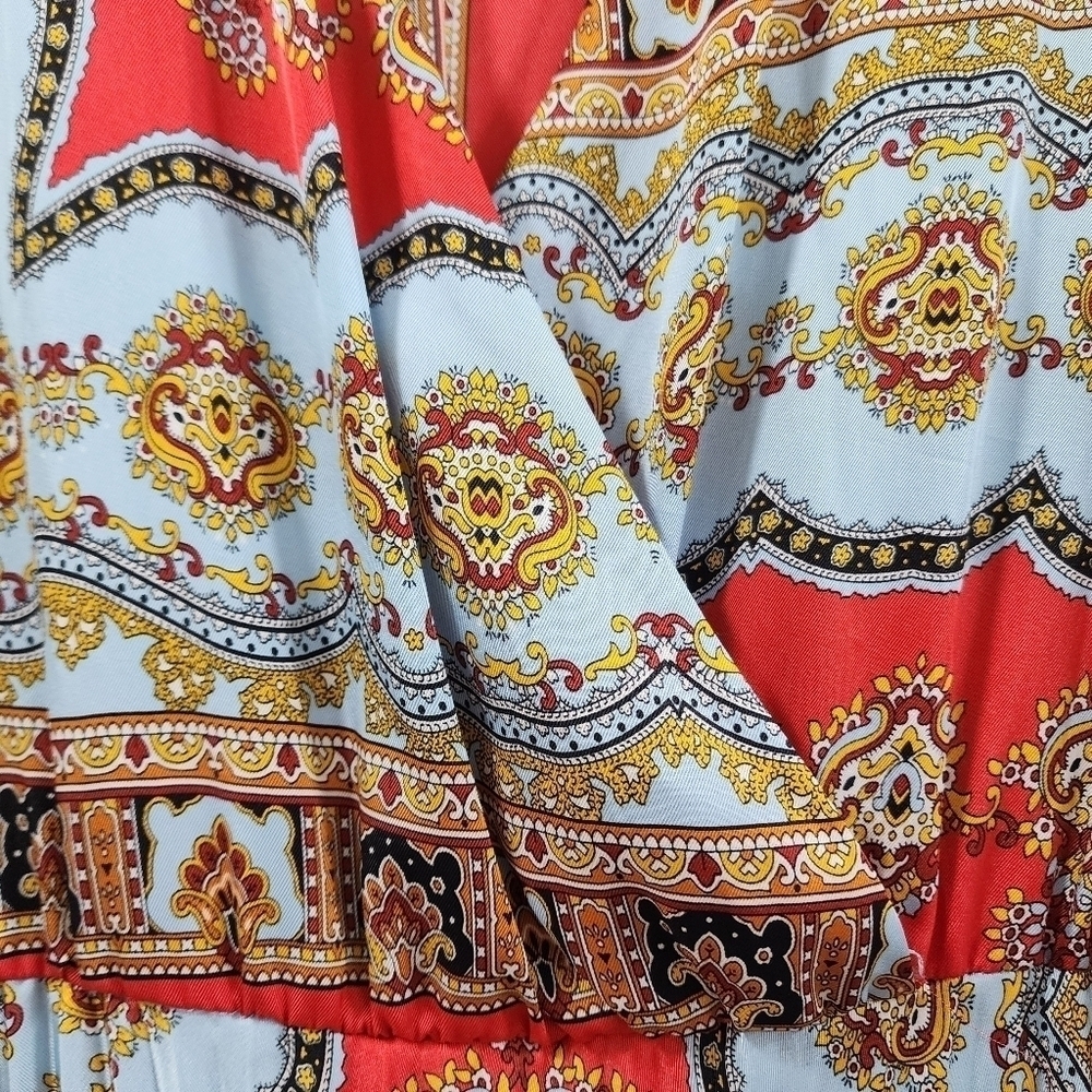 ZARA Boho Patchwork Wrap Midi Dress Red Blue Print Belted Pleated V-Neck - Picture 5 of 15